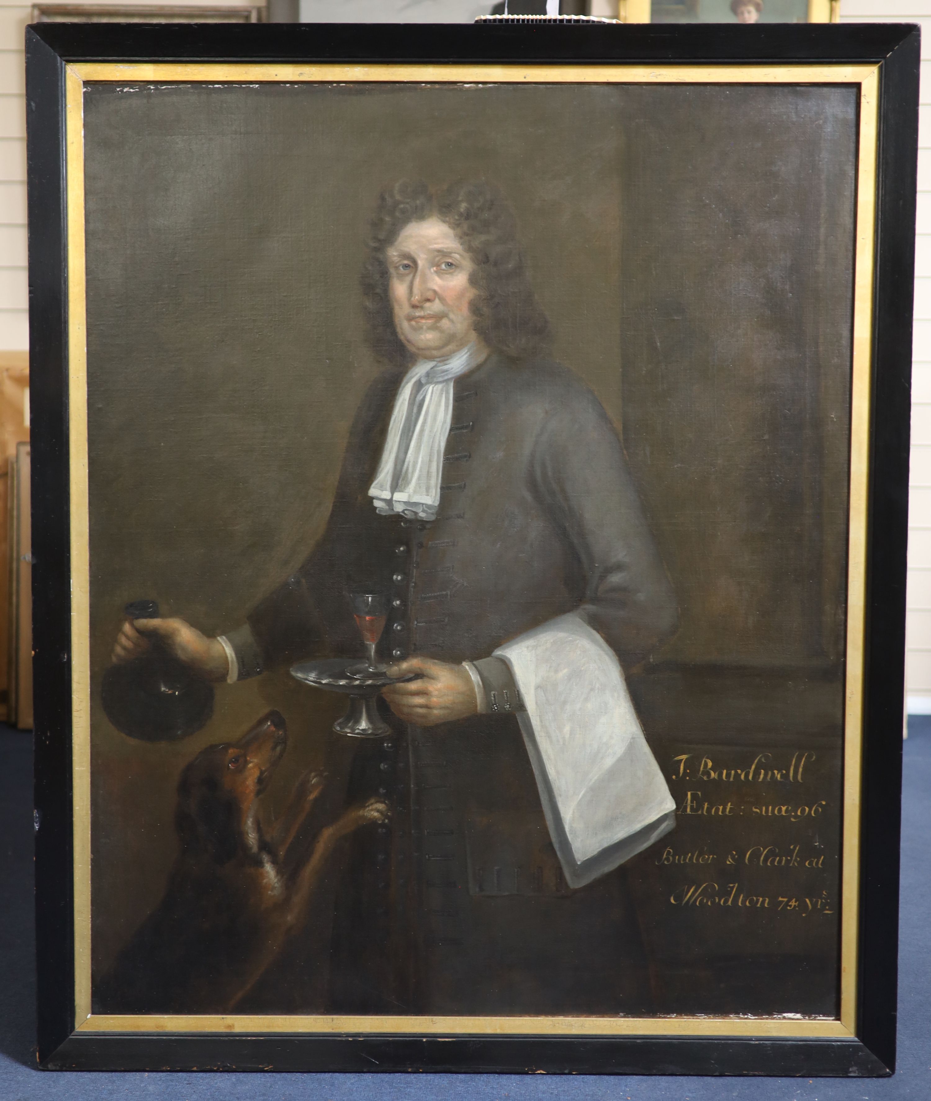 English School c.1745, Three-quarter length portrait of Thomas Bardwell, the butler and clerk at Woodton Hall, Norfolk, oil on canvas, 126 x 104 cm.